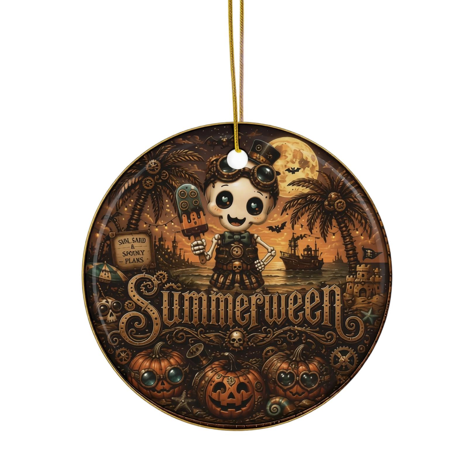 Ceramic Halloween Hanging Ornament Summerween Ghost Pumpkin Design Round Decorative Pendant for Seasonal Home Decoration Indoor Outdoor Use One Size