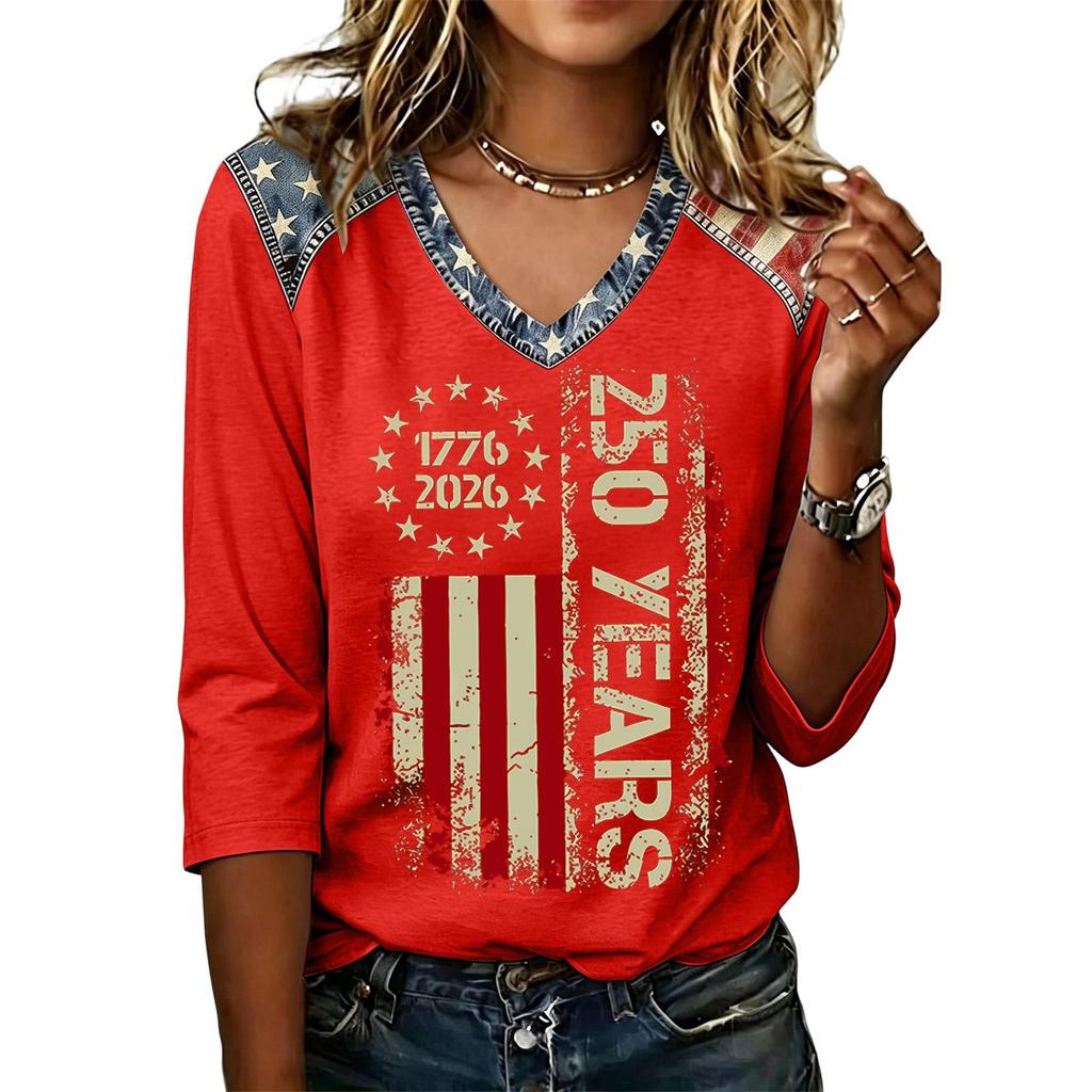 Womens Casual V Neck Top 250 Years 1776 2026 Printed Loose Fit Shirt Half Sleeve Patriotic Graphic Tee Comfortable Pullover