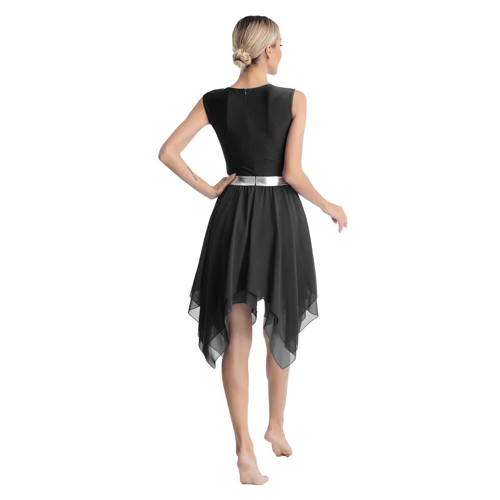 Womens Liturgical Dance Dress Metallic Shiny Cross Sequins Sleeveless Color Block Patchwork Irregular Hem Performance Gown