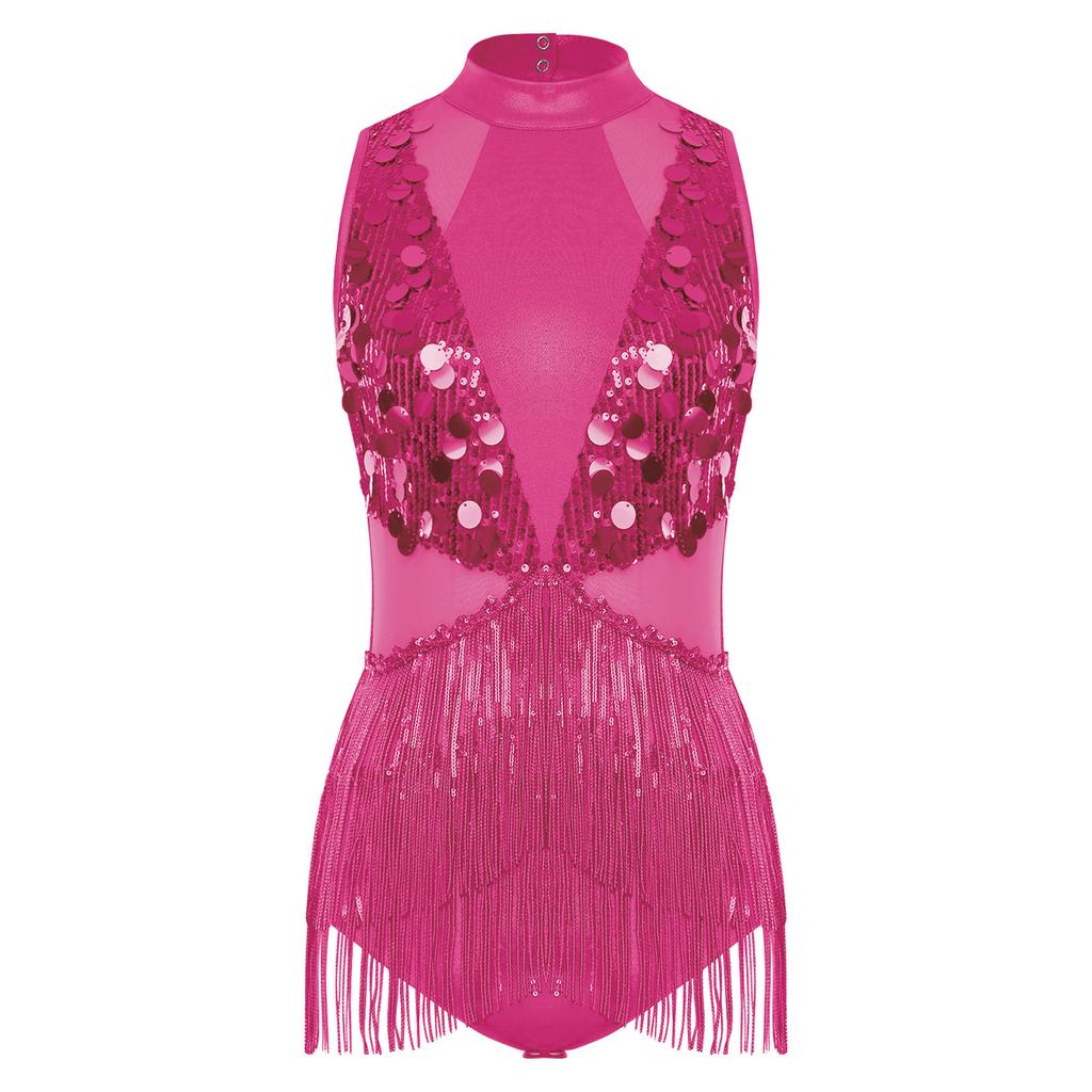 Womens Latin Dance Leotard Sequin Tassel Design Sleeveless Back Cutout Metallic Shiny Patchwork Bodysuit