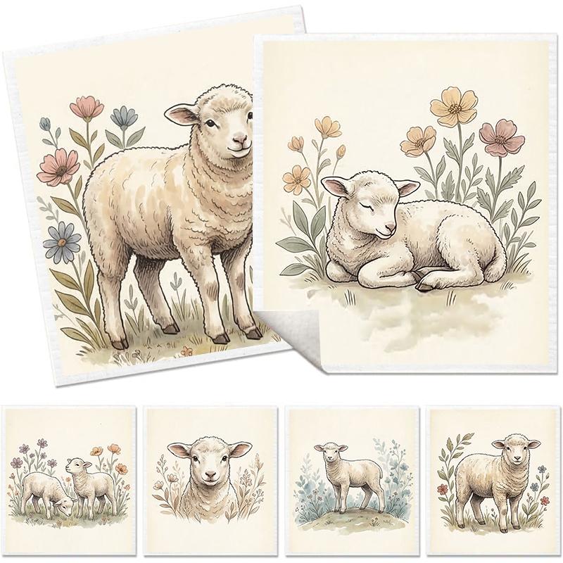 6PCS Kitchen Dishcloths Reusable Cleaning Dish Towels Absorbent Lint Free Cloth Washable Duster Rags Tea Towels Sheep Pattern Dishcloth