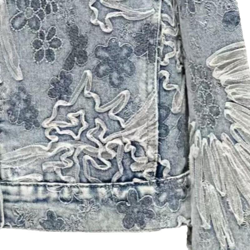 2025 Spring/Autumn Loose Lace Floral Embroidered Denim Jacket