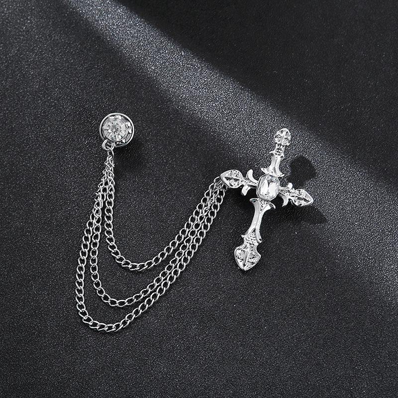 Black Gem Chain Fashion Brooch with Tassel for Men's Suit