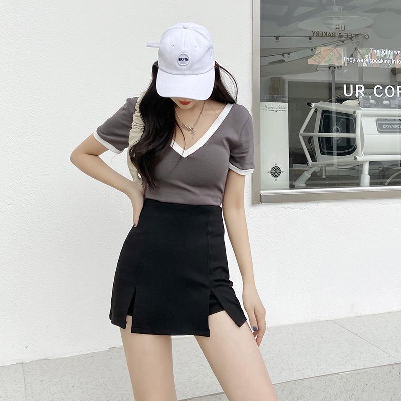 Women's Summer 2023 Black A-Line Slit Skirt: Campus-Chic Slim Fit