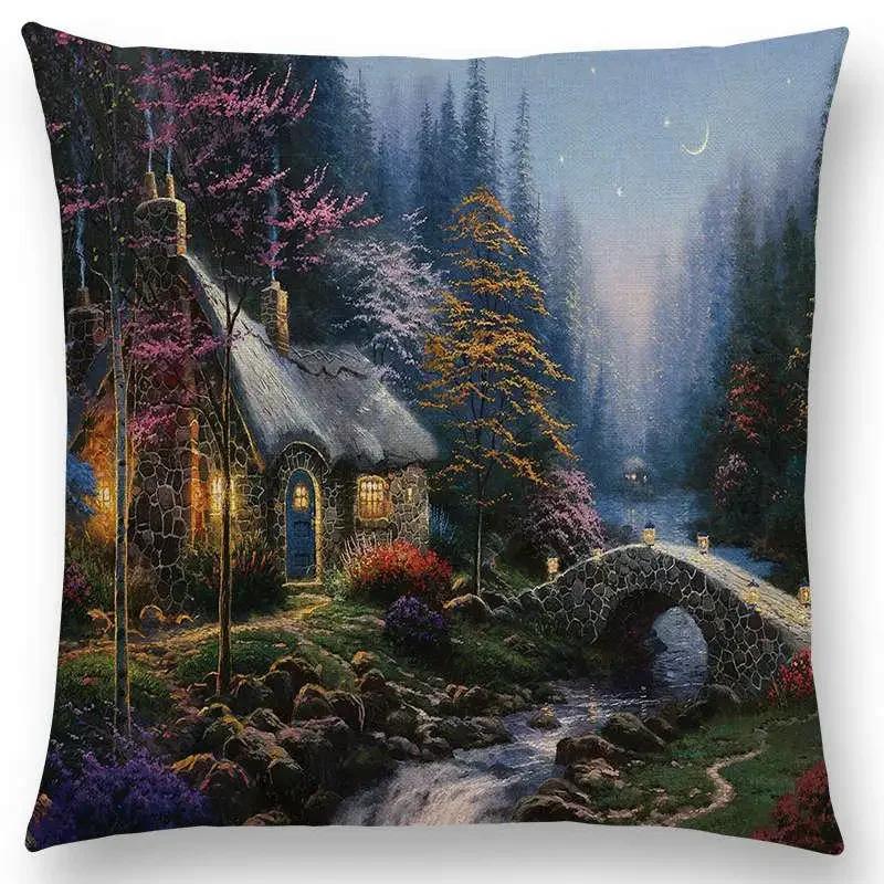 Huisdecoratie Rustiek Olieverf Kussenhoes Prachtig Landschap Kasteel Vuurtoren Bankkussen Slaapkamer