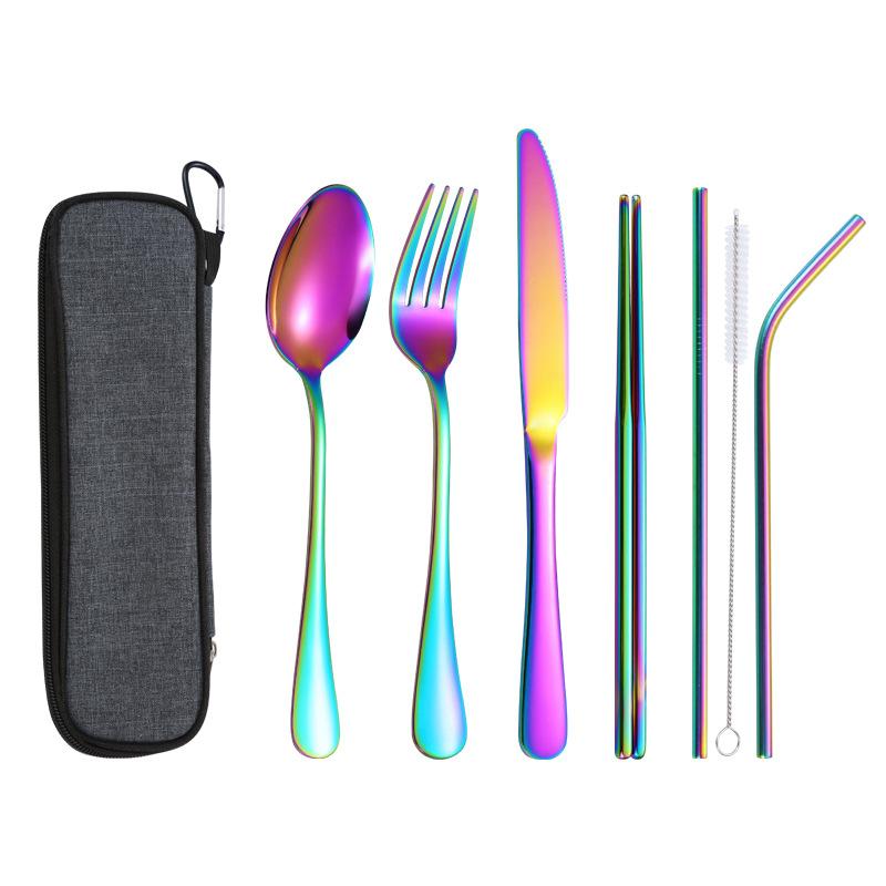 Stainless Steel Knife and Fork Spoon, Cleaning Brush, Chopsticks Set Out for Hotel Home Dinner, Smooth Integrated Forming, 7PCs