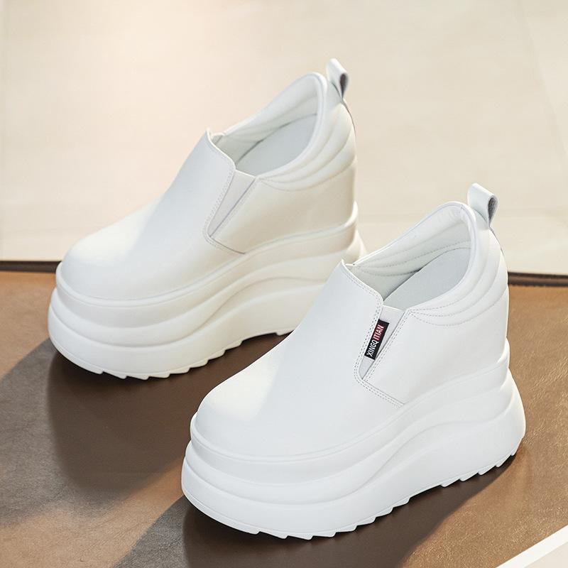 Super High Height Increasing Shoes 13cm Genuine Leather Women Flat Platform Black White Shoes Brand Ladies Casual Shoes Small Size 33