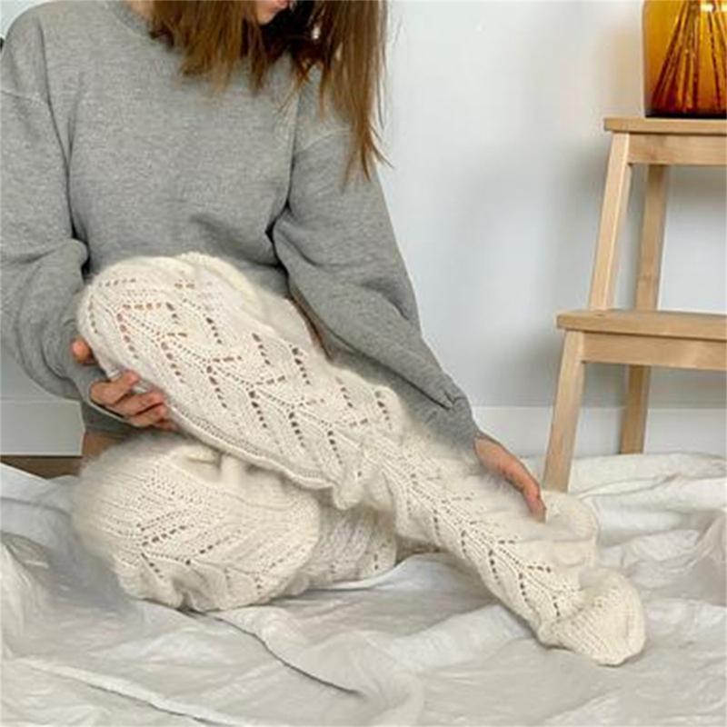Hollowed Out Knitted Over Knee Long Socks for Women Winter Fall Thigh High Stockings Solid Color Thermal Long Leg Warmer