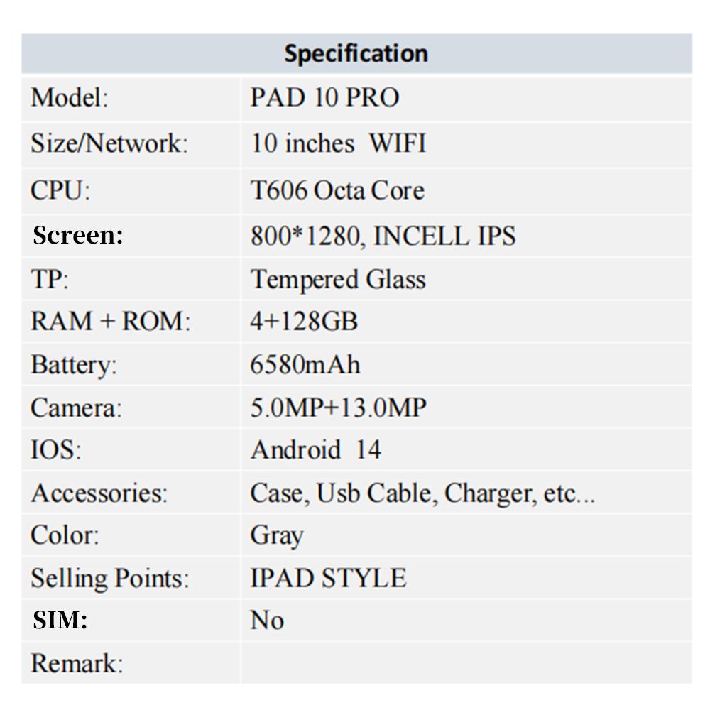 Tablet G-tab PAD10 Pro Android 14, Tela IPS de 10,1 polegadas 1280*800, T606 8 Núcleos Máx. 2,0 GHz, 10GB RAM (4GB + Expansão de 6GB) 128GB ROM