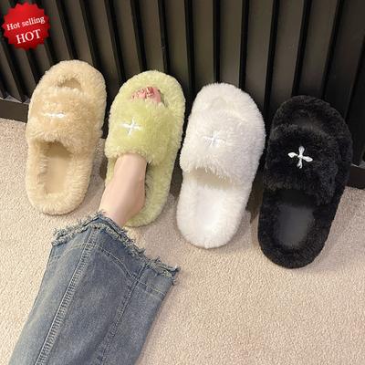 Fashion Fluffy Slippers Women Cute House Slippers Fluffy Slides Warm Slippers Healing Wool Slippers At Home Daily Thick-soled Plush Shoe