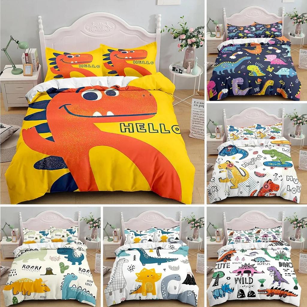 Cartoon Dinosaur Bedding Set Full King Queen Size,Cute Animal World Duvet Cover Orange Yellow Polyester Comforter Quilt Cover
