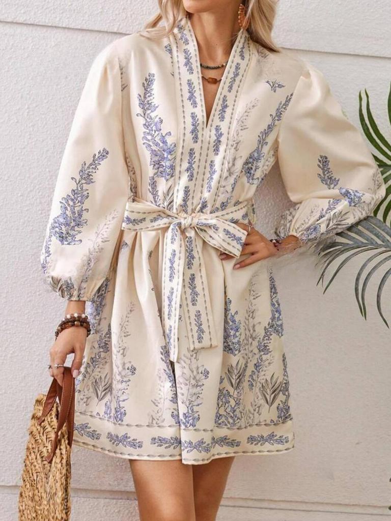 Wiosna Nowa Moda Damska Dekolt V Długi Rękaw Sukienka Boho z Nadrukiem