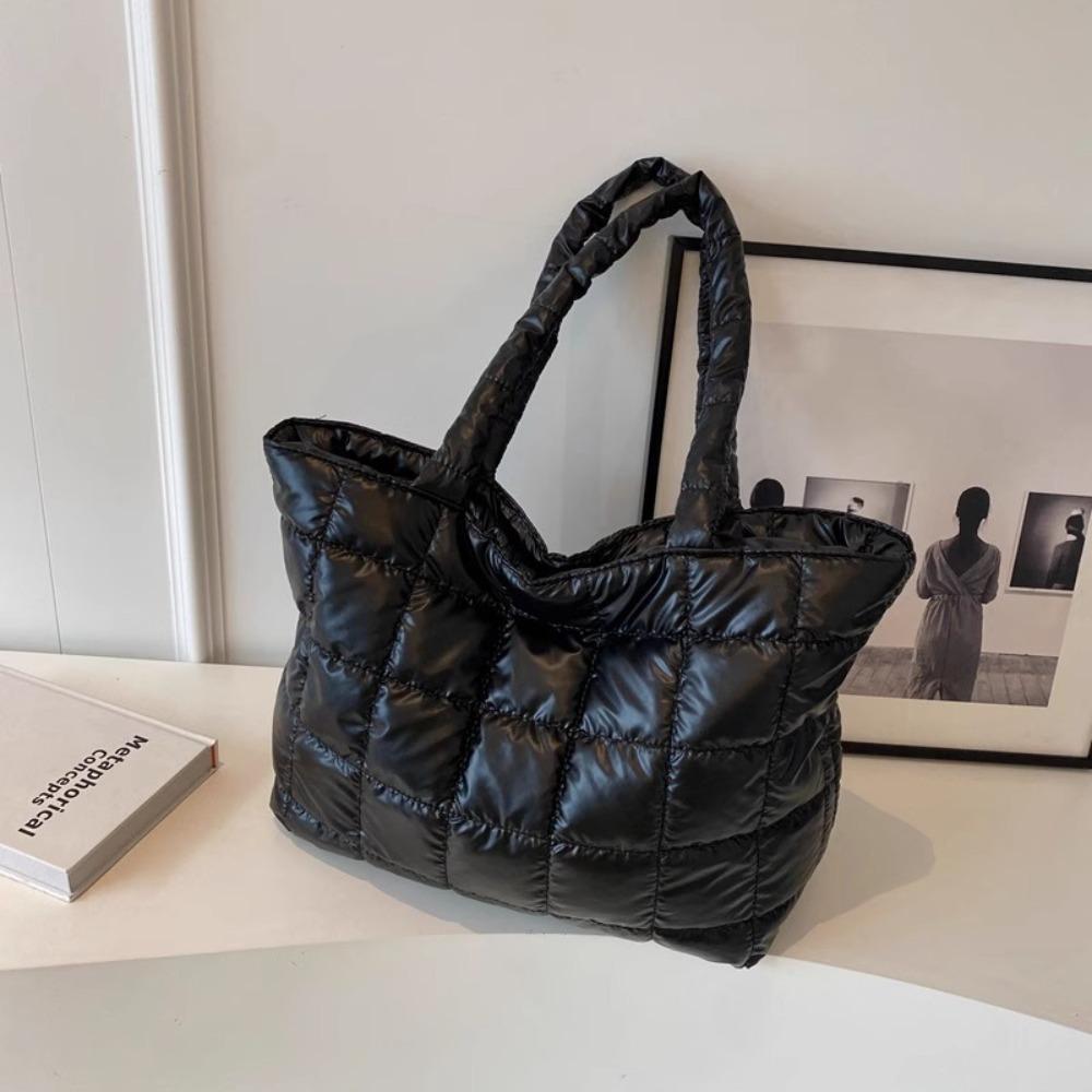 Checkered Down Cotton Shoulder Bag Korean Style Puffy Bag Cotton-padded Tote Bag  Office Worker
