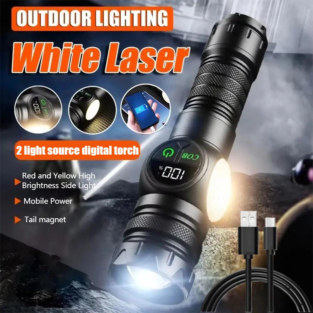 White Laser LED Flashlight Zoom function COB Side Light USB Rechargeable Torch Tail Magnet With Display Long Range Lamp