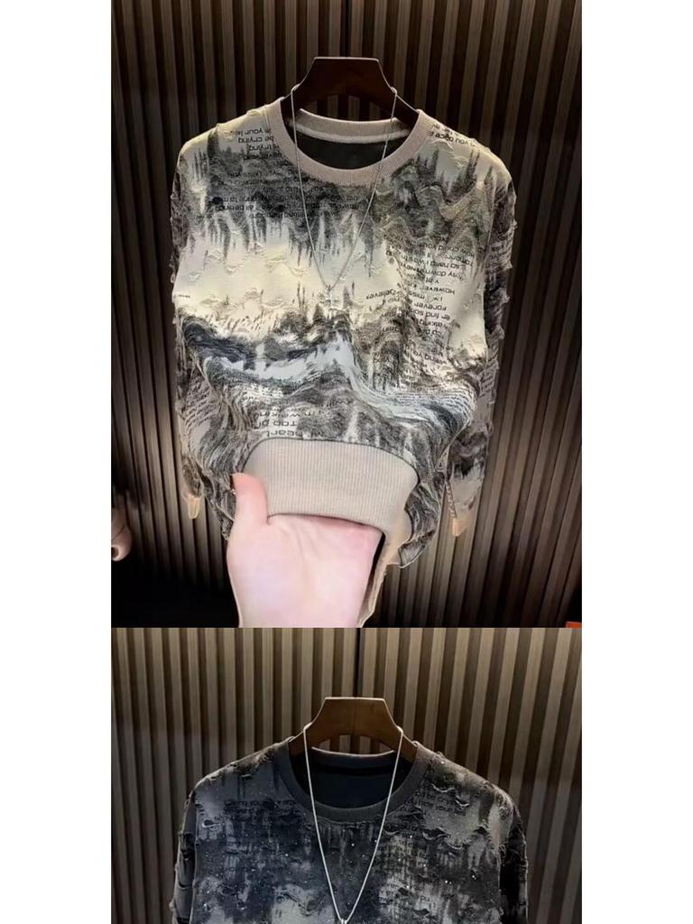 Trendiger Herren-Langarm-Hoodie 2025 mit Sternendesign, luxuriösem Rundhalsausschnitt und stylischen Ripped-Details