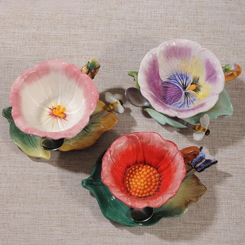 Creative Flower Ceramic Cup with Saucer Spoon Coffee Cup Set Flower Tea Cup Water Cups Tea Mug Milk Mug Decorative Cups Gift