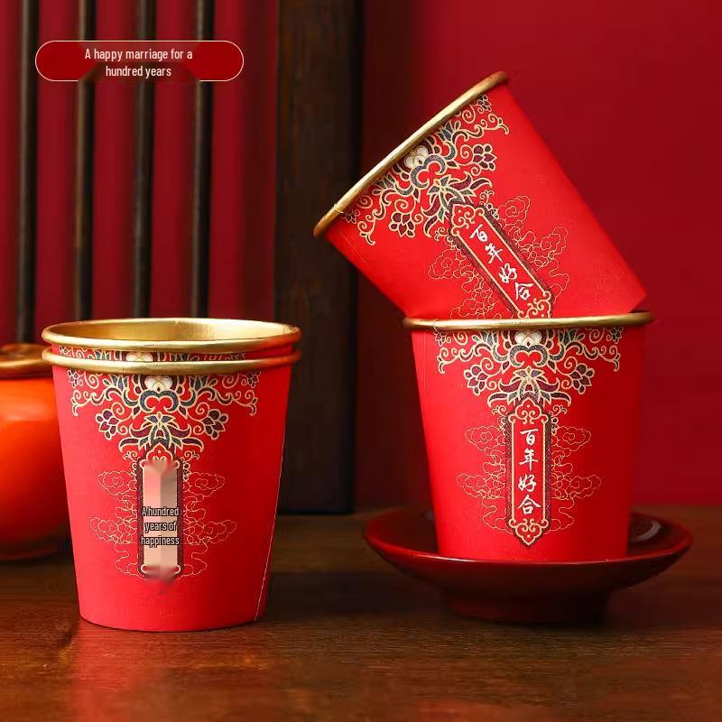 Red and Gold Foil Wedding Anniversary Disposable Cups - Thickened Engagement Tea or Water Cups