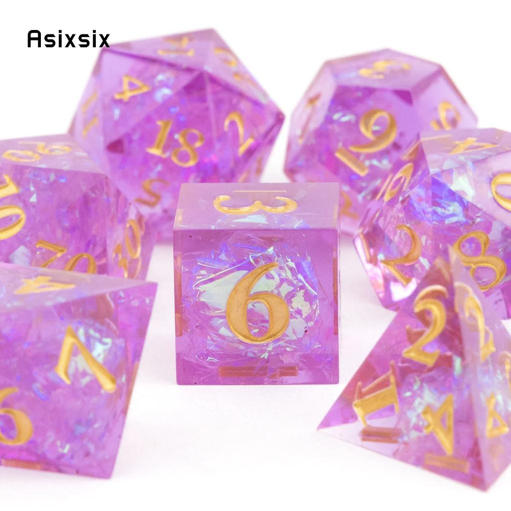 7 Pcs Purple Pink Resin Golden Number Sharp Edge Dice Polyhedral Dice Suitable For Role-Playing Dice PropBoard Game