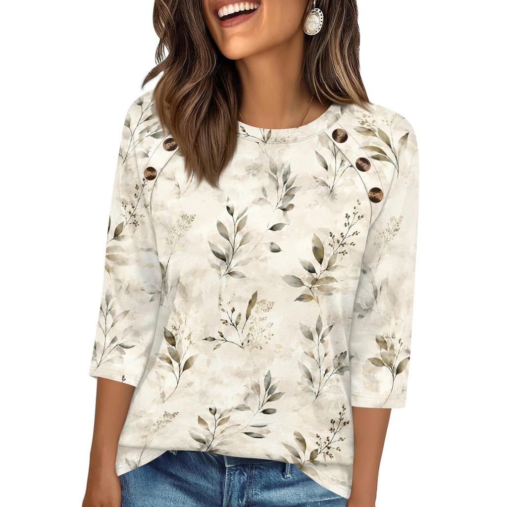 Women 34 Sleeve Crew Neck Button T Shirt Floral Print Casual Loose Fit Top for Daily and Office Wear