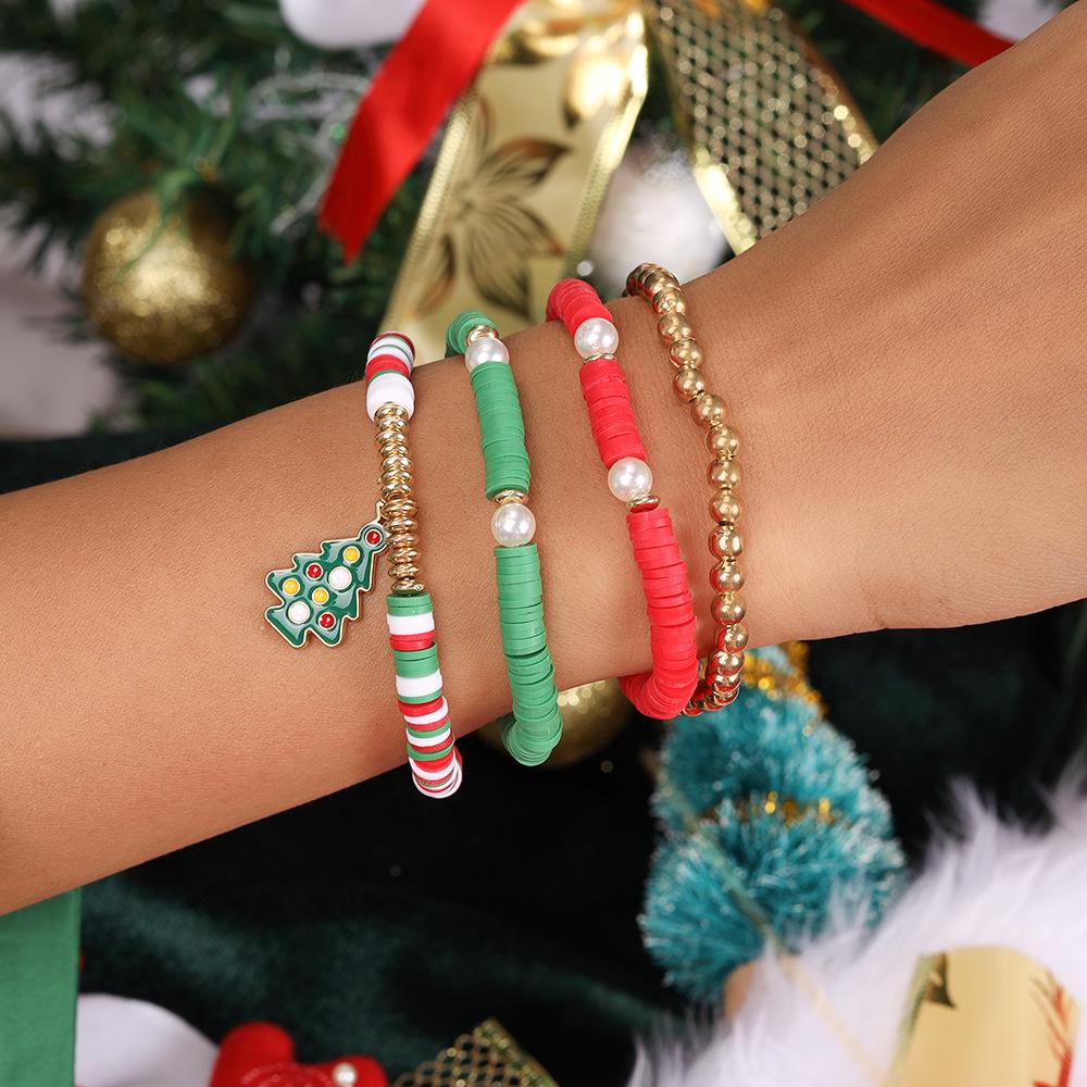2024 European & American Christmas Beaded Polymer Clay Bracelet Set - Festive Christmas Tree Design