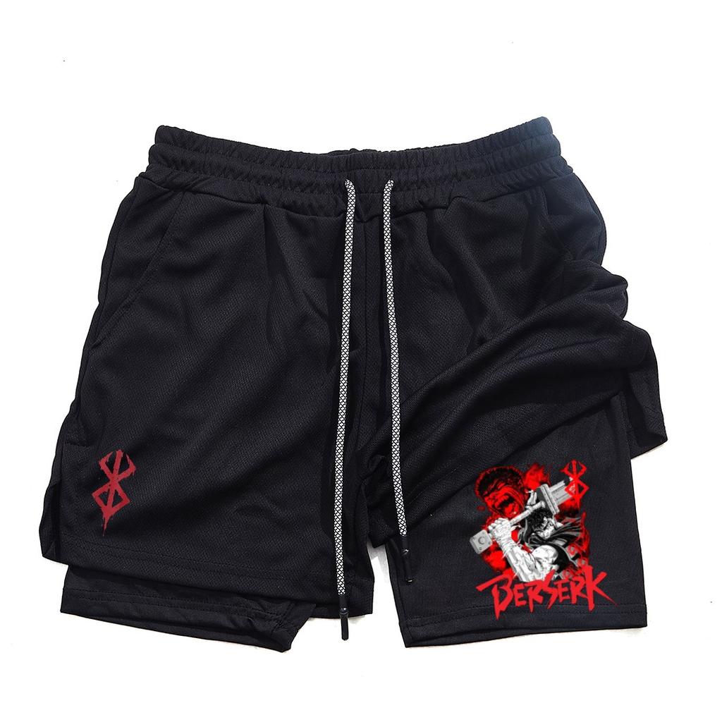 Pantalones cortos de gimnasio para hombre, ropa deportiva 2 en 1 de Anime para correr, trotar, entrenamiento, Yoga, baloncesto