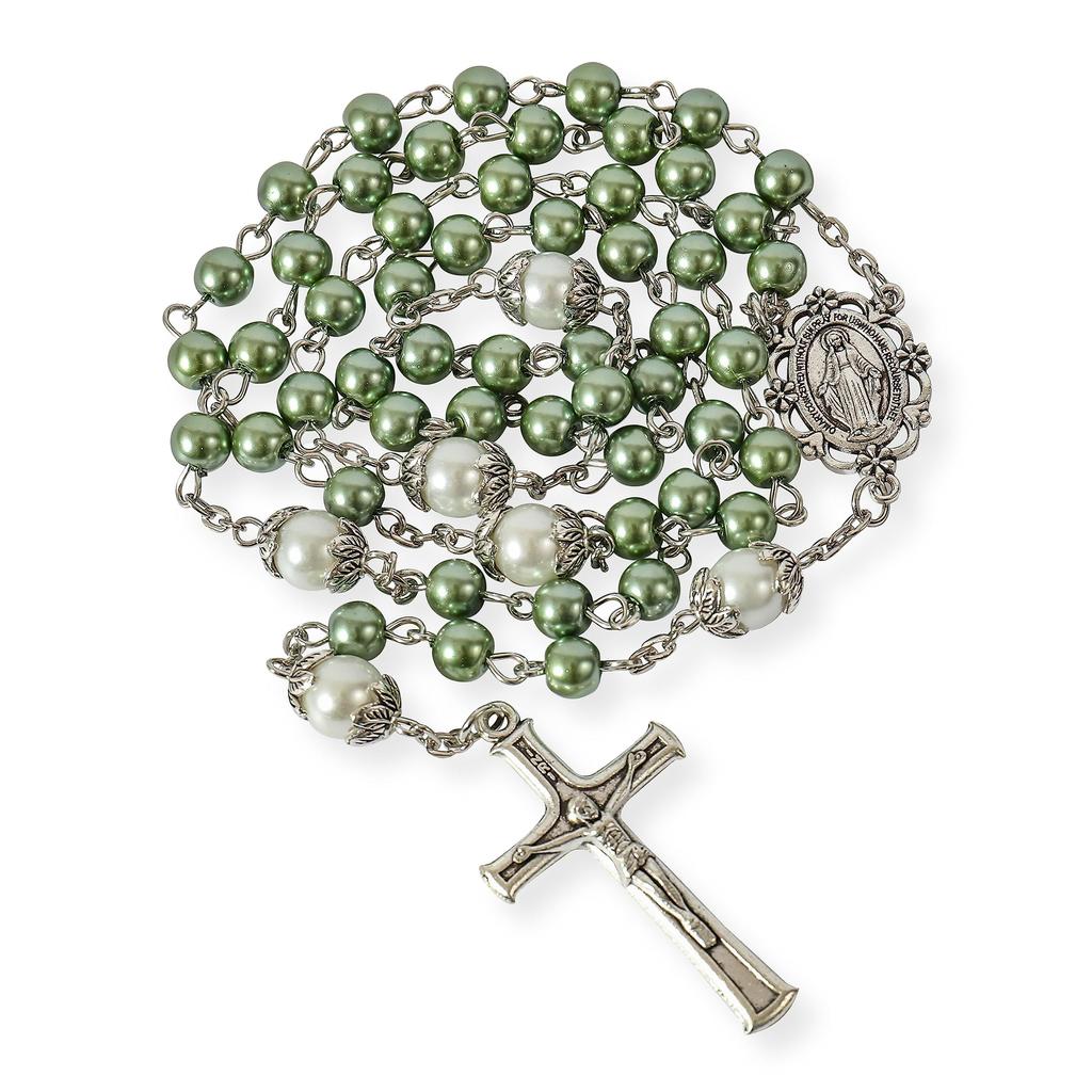 Nazareth Store Pearl Bead Rosary White Father Bead Necklace Lourdes Medal & Cross Spiritual Devotion, Glass, No Gemstones