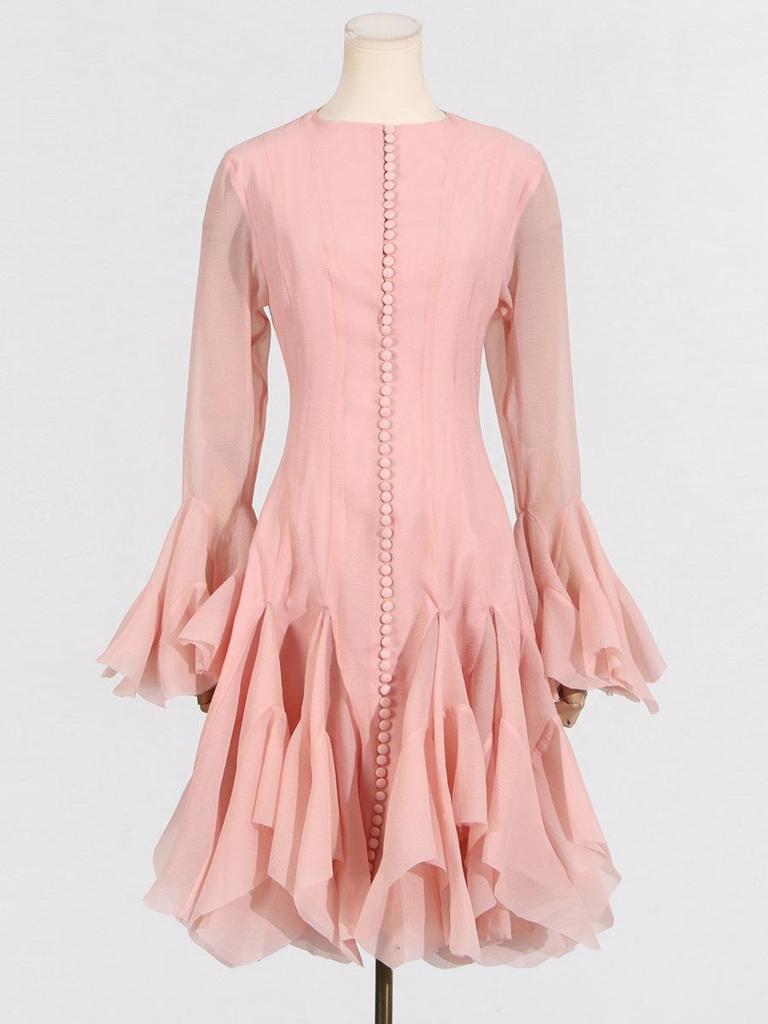 2025 Summer Women's Ruffle Design Waist-Slimming Flared Sleeve Dress