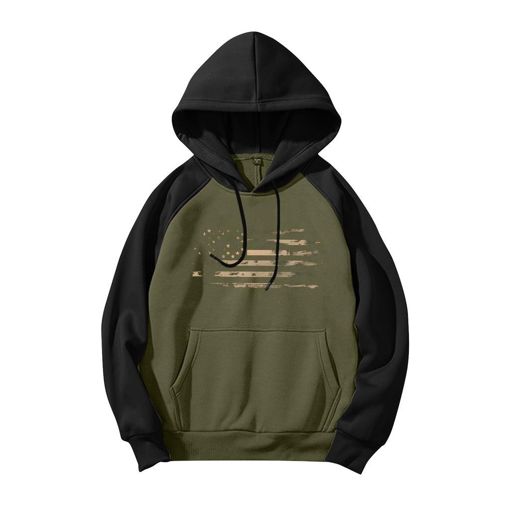 Men's Casual Hooded Drawstring Long Flag Print Sweatshirt With Pockets