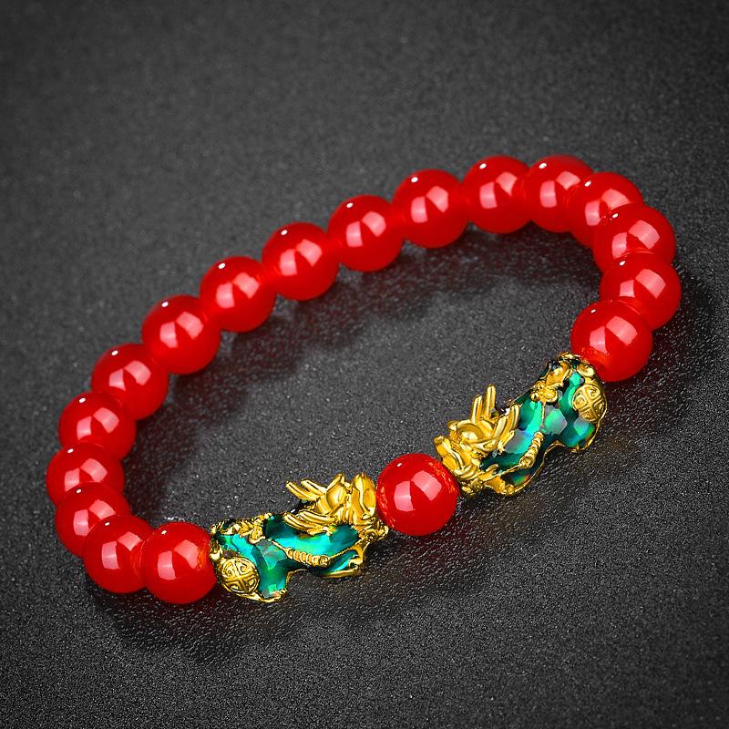 Vietnamese Sand Gold Pixiu Bracelet with Imitation Hetian Jade & Green Agate Beads, Women's Discoloring Stone, TikTok Style.