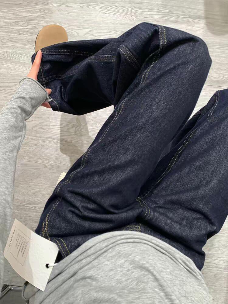 Autumn/Winter 2025 Women's Deep Blue Denim Fleece-Lined High-Waisted Wide-Leg Jeans