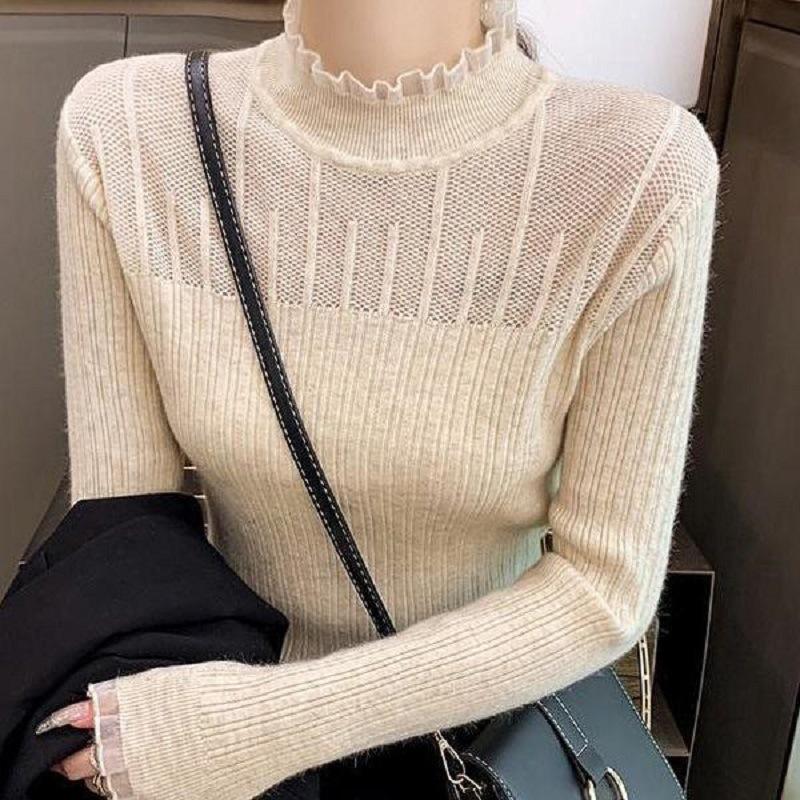 Perspective mesh primer women's spring and autumn high-end fashion temperament fungus edge lace primer women's long-sleeved slim fit