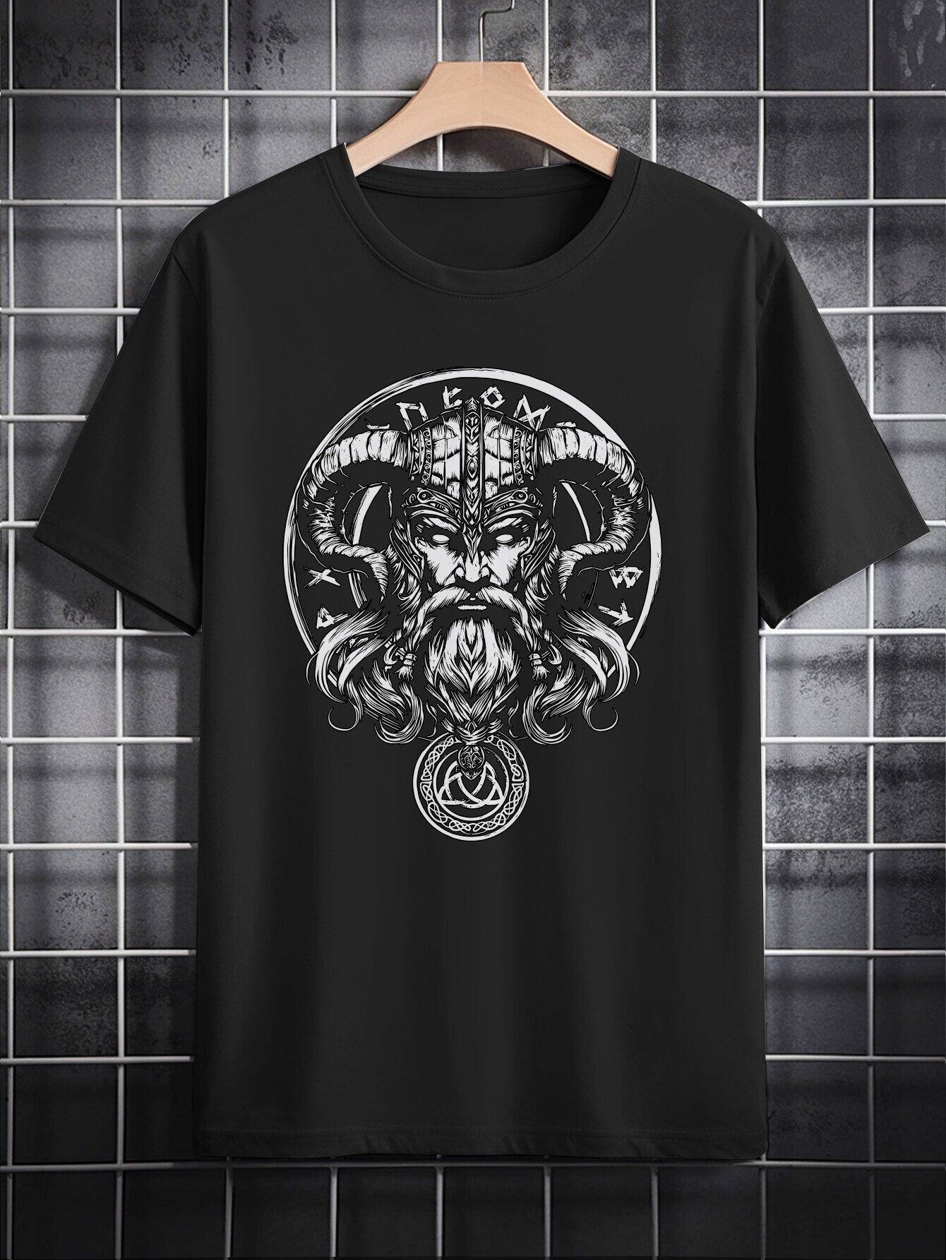 Casual Graphic T-shirt - Black with Intricate Goat Head Print S