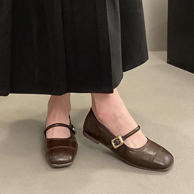 Mary Jane shoes shallow buckle single shoes women's spring square head flat bottom soft sole comfortable Doudou shoes with high wedge heel