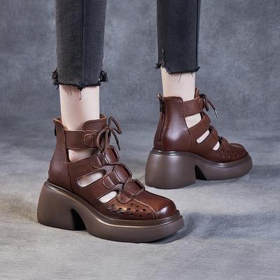 Damen Retro-Römersandalen aus Rindsleder: Sommerkollektion 2024 – Dicke Sohle, Hohldesign, Mesh-Stiefel-Stil