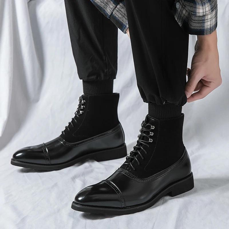 Fashion New Men's Pointed Lace Up Patchwork Monk Strap Ankle Boots British Designer Botas Trend Casual Luxury High-top Punk Rock Shoes