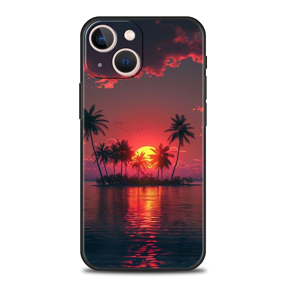 Summer Beach Scene At Sunset On Sea Palm Tree Phone Case For iPhone 16 13 15 14 12 11 Pro MAX XR X SE XS 7 8 Plus Soft TPU Cover