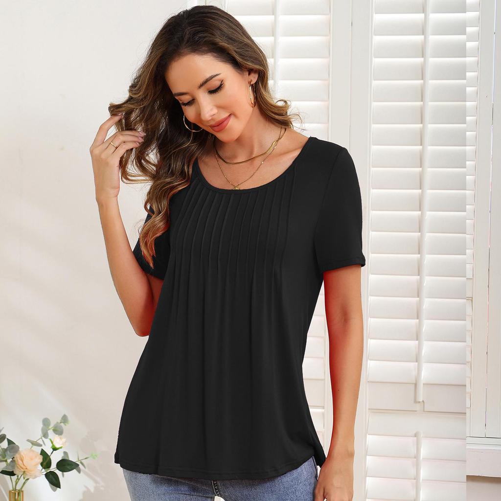 Women’s Shirts Round-neck Short Sleeves Loose Tops Pullover Pleated Stripes T-shirts Solid Color Summer Spring Casual Wear