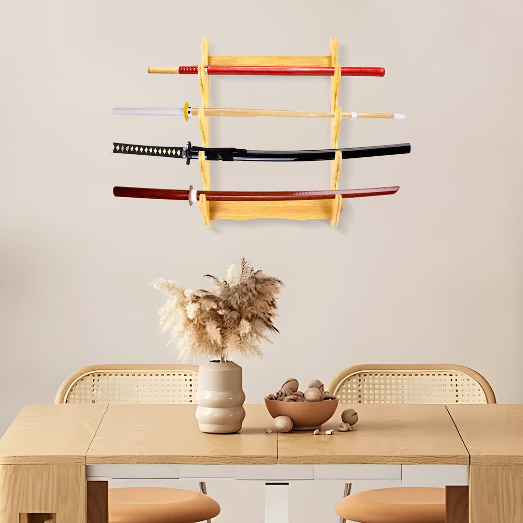 4-Tier Wall Mounted Bamboo Display Rack for Swords, Katana, Fishing Rods & Collectibles. Modern Storage Shelf with 20kg Capacity