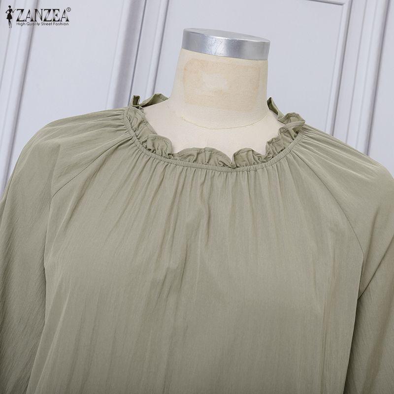 ZANZEA Women Casual Round Neck Long Sleeve Casual Baggy Long Maxi Swing Dress