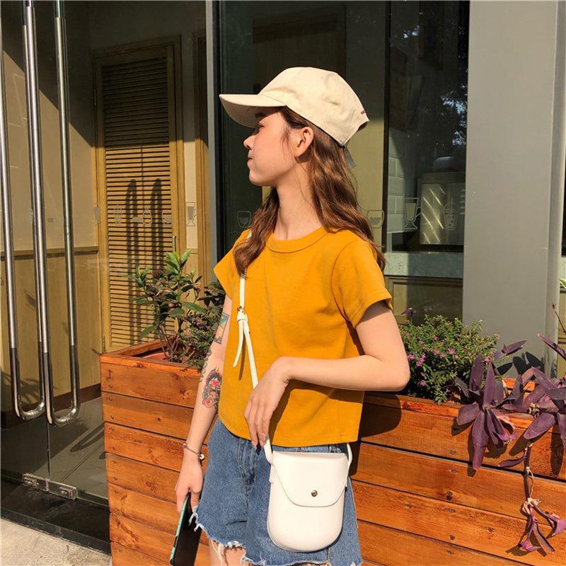 

Летняя новая короткая тонкая футболка из чистого хлопка с открытым пупком и коротким рукавом, женская облегающая универсальная однотонная футболка XL