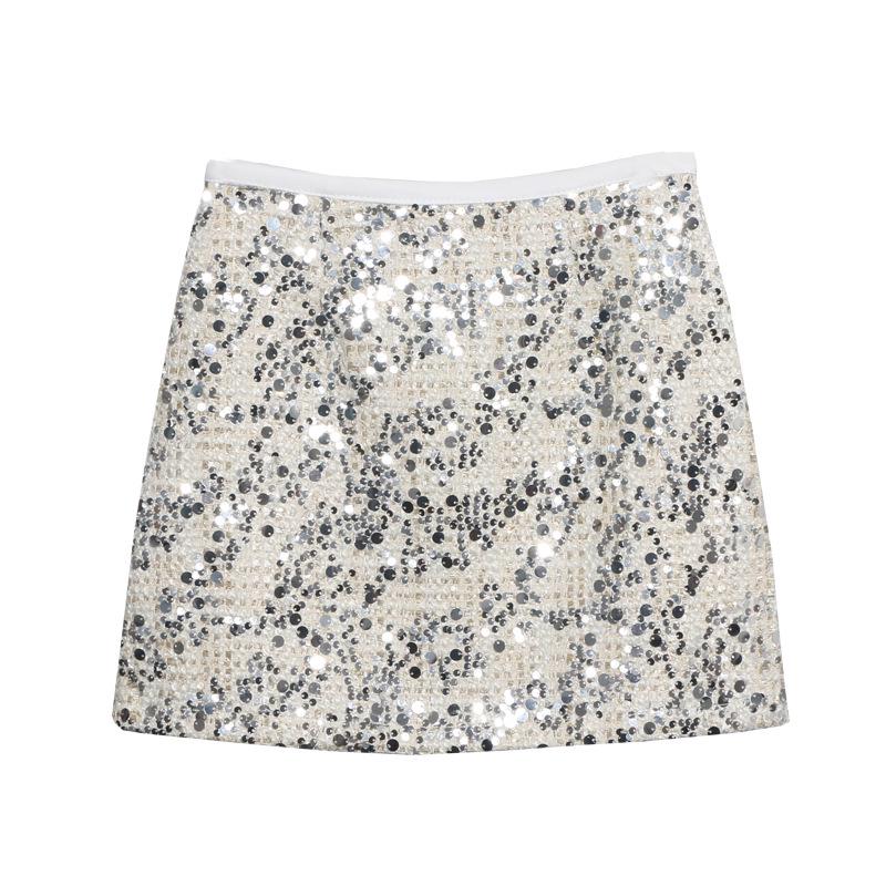 High-Waist Sequin Tweed A-Line Skirt - Anti-Exposure Design