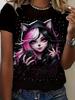Women's Anime Cat Ear Graphic T-Shirt - Japanese Manga Print Short Sleeve Crew