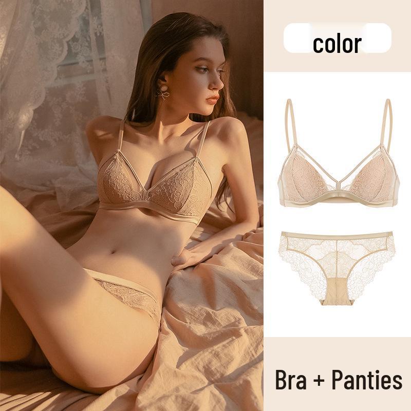 Ultradünnes Push-Up-BH-Set aus französischer Spitze: Kabellos, Mit festen Cups, Sexy Design für einen schlanken Look