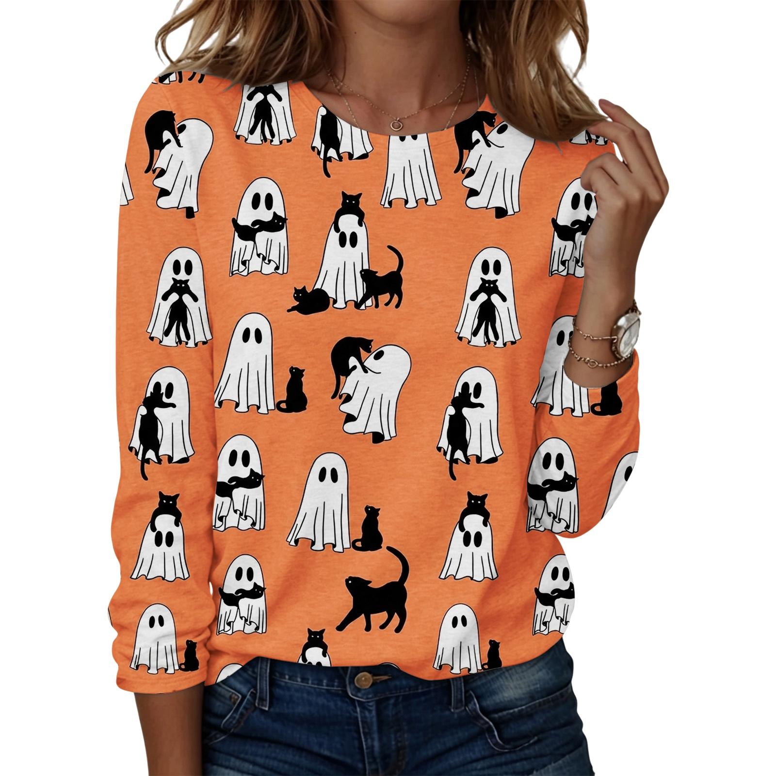 Women s Casual Long Sleeve Halloween Print Round Neck Top XXXXL