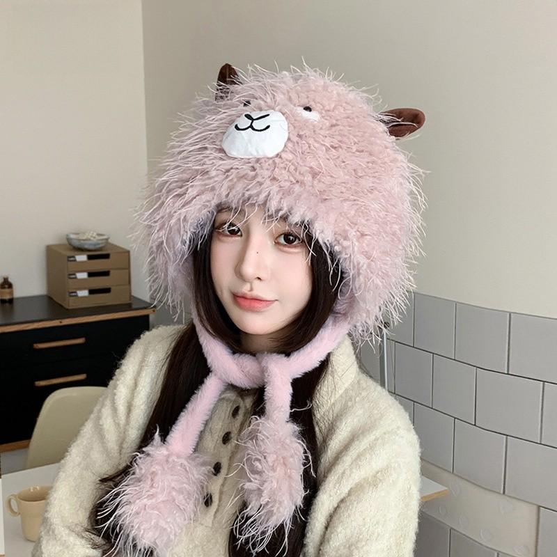 Winter Plush Cartoon Sheep Beanie Hat With Ear Protection For Girls And Kids