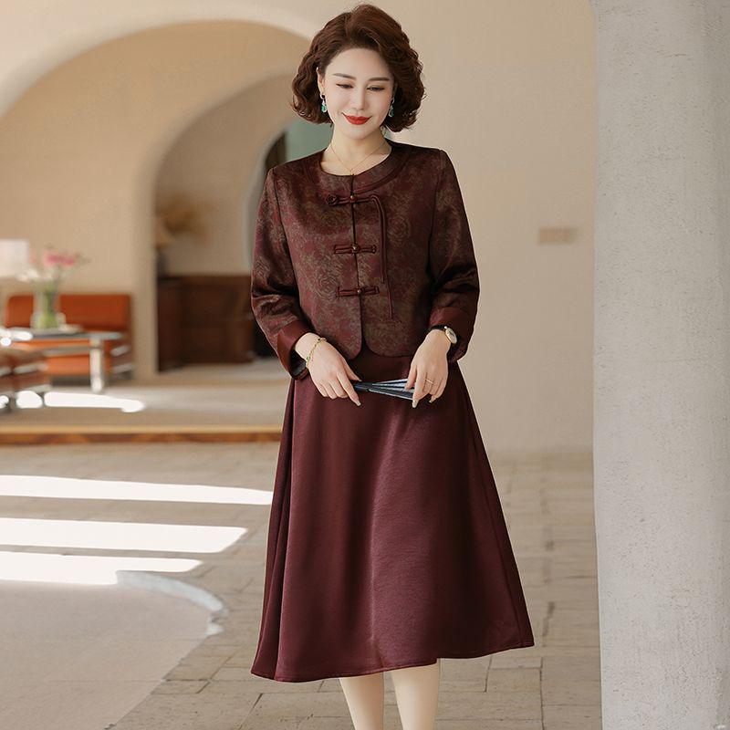 Spring & Autumn Chinese Style Two-Piece Set: Elegant Coat and Mid-Length Skirt for Middle-Aged Women