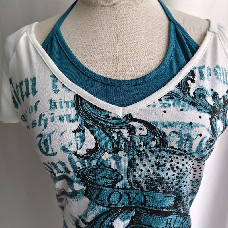T-Shirts Damen Y2k Ästhetik Harajuku Vintage Patchwork Neckholder Bandage V-Ausschnitt Buchstabendruck Grunge Gothic Crop Tops