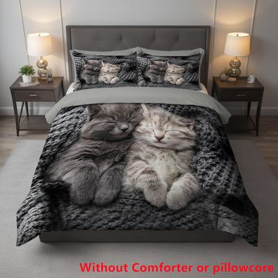 Schattige Kat Cartoon Print Drie-delig Dekbedovertrek Laken Cadeau