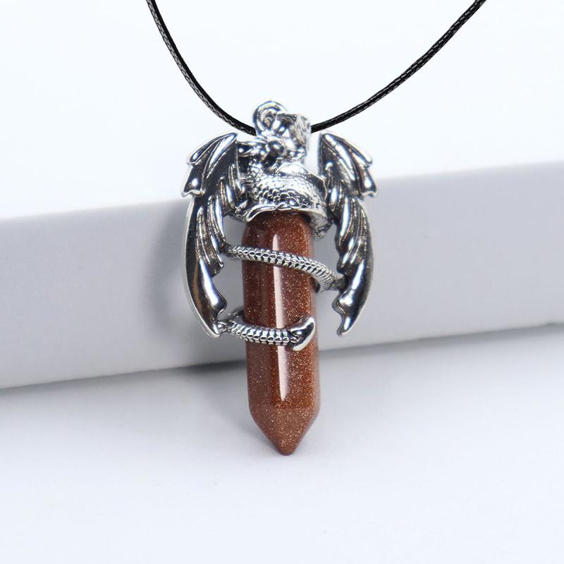 Animal Dragon Man Necklace Natural Gem Stone Healing Pink Quartz Hexagonal Crystal Pendant Vintage Jewelry for Women Gift