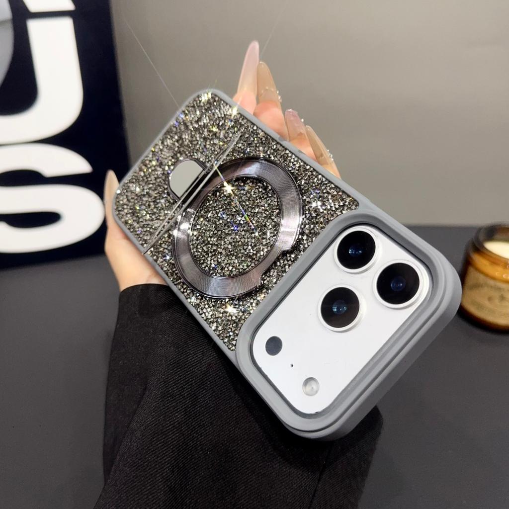 For IPhone 18 Pro Max 17 16 15 14 13Pro Luxury Sparkling Rhinestone Kickstand Glitter Magnetic Phone Case Shockproof Anti Scratch Protective Cover